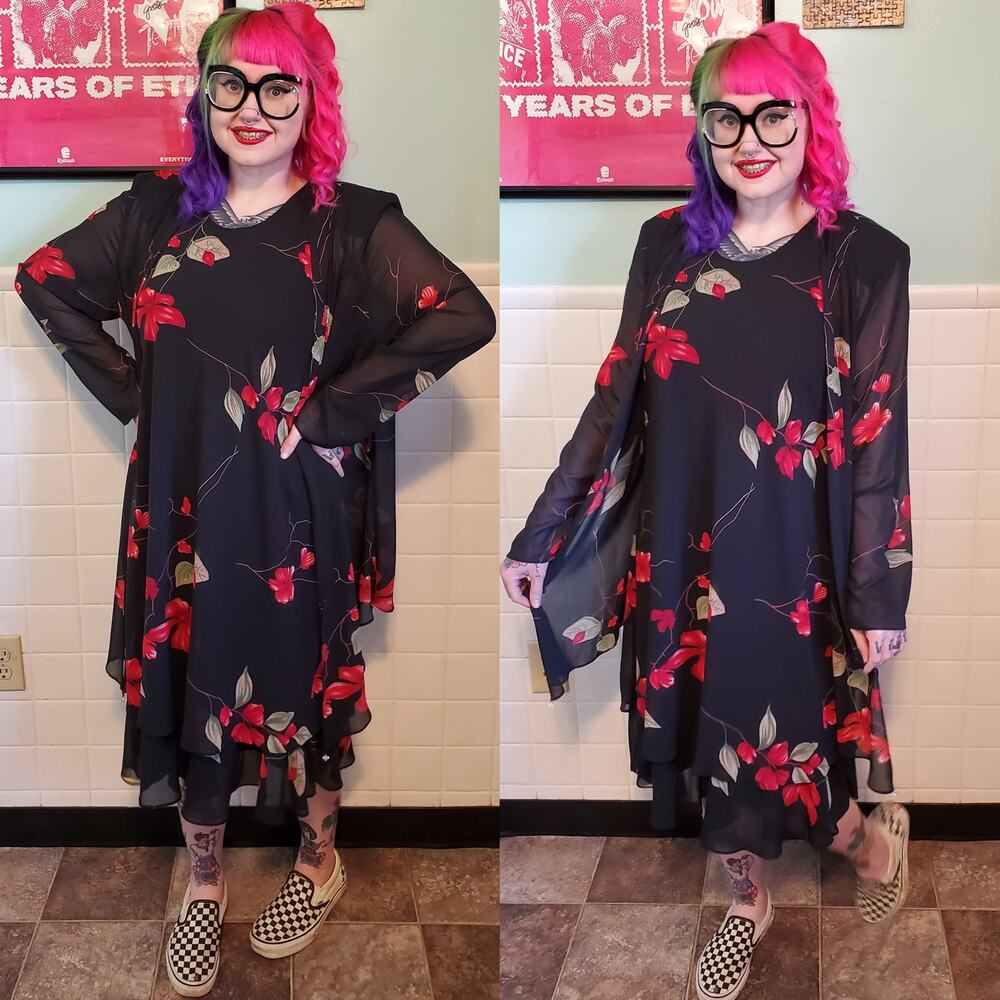 Vintage Black Red Floral Tiered Chiffon Sleeveless Shift Dress w Matching Cover